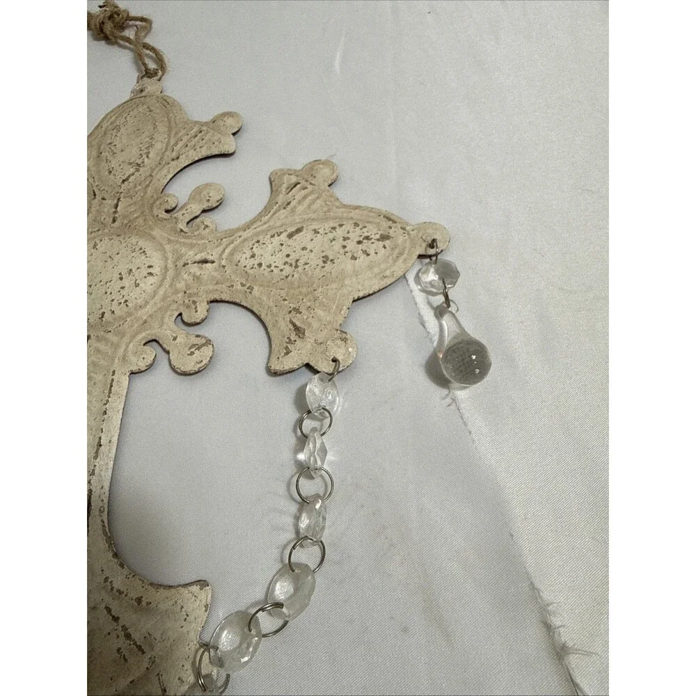Vintage Metal Cross Decor With Glass Beads Hanging Rustic Off White Flat